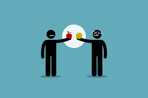 Vector artwork of two different man holding an apple and orange, and start to compare them to each other. Concept of difference, incomparable, impractical, and pointless.