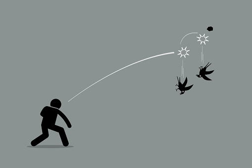 Vector artwork depicts a man throwing a rock at two birds and killing both of them at once. Concept of efficiency, productivity, skillful, and good strategy.