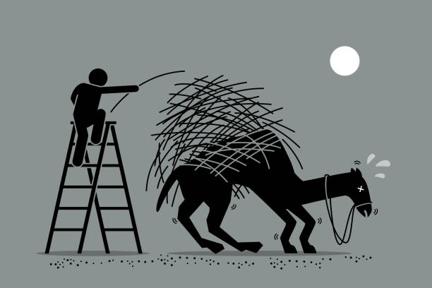 illustrazioni stock, clip art, cartoni animati e icone di tendenza di l'ultima goccia che spezza il cammello. - camel back