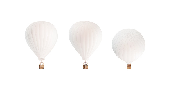 Blank white balloon with hot air mockup set, sides, 3d rendering. Empty journey baloon with basket for trip mock up, isolated. Clear inflatable aircraft for advertising template.