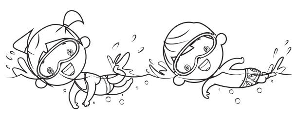 Coloring Book, Boy and girl Swimming Vector Coloring Book, Boy and girl Swimming cartoon of a swimming goggles stock illustrations