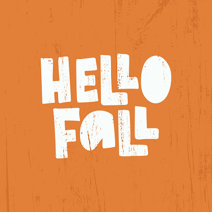 Hello Fall hand drawn lettering. Harvest poster design. Autumn greeting card. Template for poster, banner, print. Vector illustration on orange wood background.