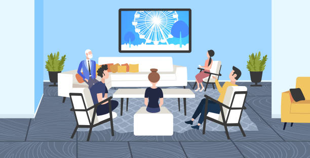 businesspeoplesitting on chairs and sofa watching famous landmarks tv travel show concept ferris wheel silhouette on television modern office interior flat full length horizontal businesspeoplesitting on chairs and sofa watching famous landmarks tv travel show concept ferris wheel silhouette on television modern office interior flat full length horizontal vector illustration friends television show stock illustrations