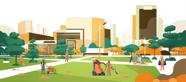 ilustrações de stock, clip art, desenhos animados e ícones de janitors team gathering trash cleaners using vacuum cleaner rack and broom streets cleaning service concept mix race people working in city urban park cityscape background full length horizontal - wasting time