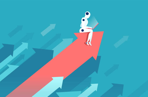 Vector of a robot working on laptop sitting on a growing up arrow. Successful technology implementation concept. Vector of a robot working on laptop sitting on a growing up arrow. growth in sales stock illustrations
