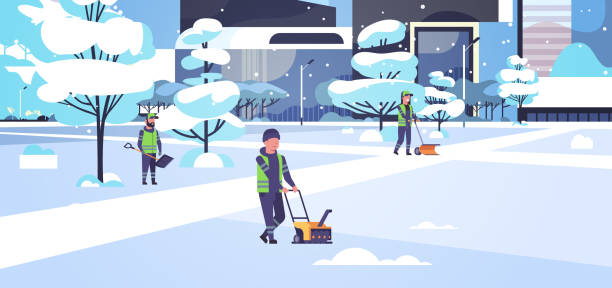 reinigungsteam mit verschiedenen geräten und werkzeugen schneeentfernung konzept männer frauen in einheitliche reinigung winter schneebedeckten park stadtbild hintergrund flach volle länge horizontal - snow cleaning stock-grafiken, -clipart, -cartoons und -symbole