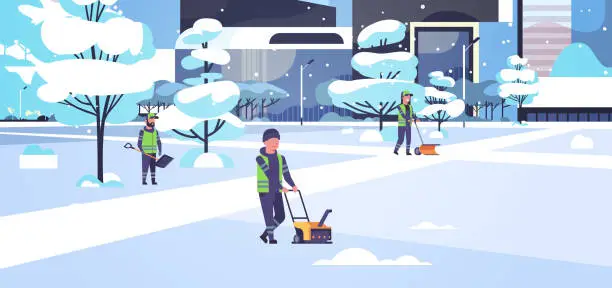 Vector illustration of cleaners team using different equipment and tools snow removal concept men women in uniform cleaning winter snowy park cityscape background flat full length horizontal