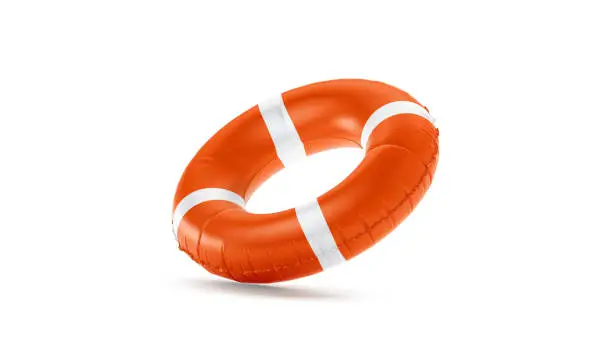 Blank red lifebuoy no gravity mock up isolated, 3d rendering. Empty flotation ring mockup. Clear round lifesaver for flotation on water. Sos inflatable circular template.