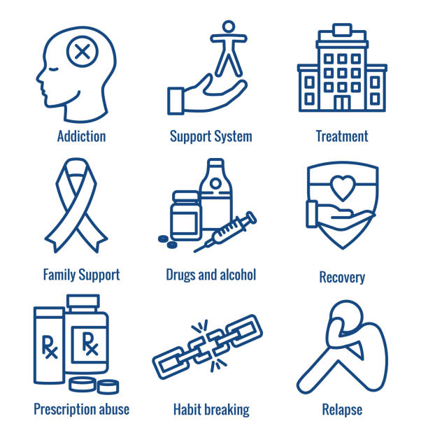 ilustrações, clipart, desenhos animados e ícones de jogo do ícone da dependência da droga & álcool-sustentação, recuperação, e tratamento - symbol healthcare and medicine prescription icon set