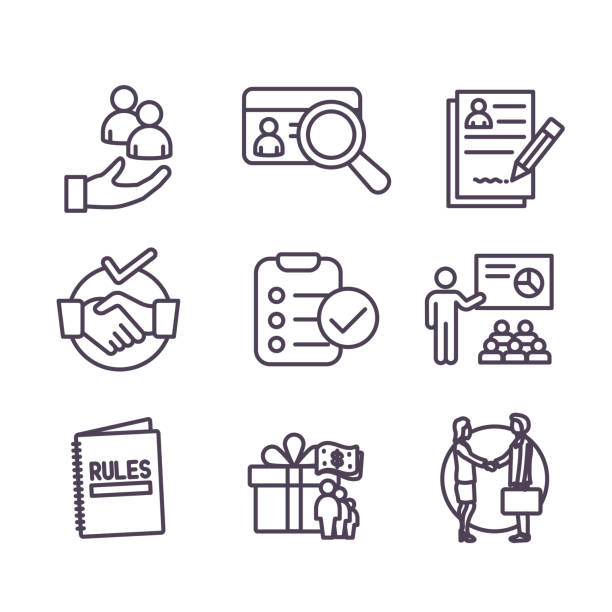 ilustraciones, imágenes clip art, dibujos animados e iconos de stock de conjunto de iconos del proceso de contratación con beneficios, verificación de antecedentes, introducciones, etc. - new hire