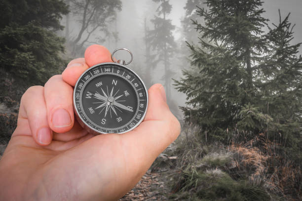 istock Woman with compass is seeking a right way in forest 1166193708