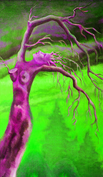 Fashionable spring illustration allegory of modern artwork surrealism my original oil painting on canvas surreal vertical portrait figure of a young beautiful woman in the form of a lifeless tree Fashionable spring illustration allegory of modern artwork surrealism my original oil painting on canvas surreal vertical portrait figure of a young beautiful woman in the form of a lifeless tree against a spring in shades of green of the garden of trees and herbs painted image paintings oil paint senior women stock illustrations