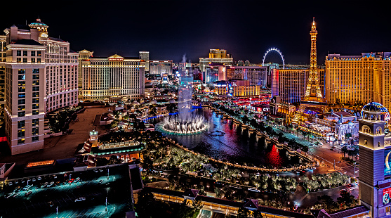 Las Vegas, USA - August 19, 2017 Panoramic view of Las Vegas strip at night in Nevada. The famous Las Vegas Strip with the Bellagio Fountain. The Strip is home to the largest hotels and casinos in the world.
