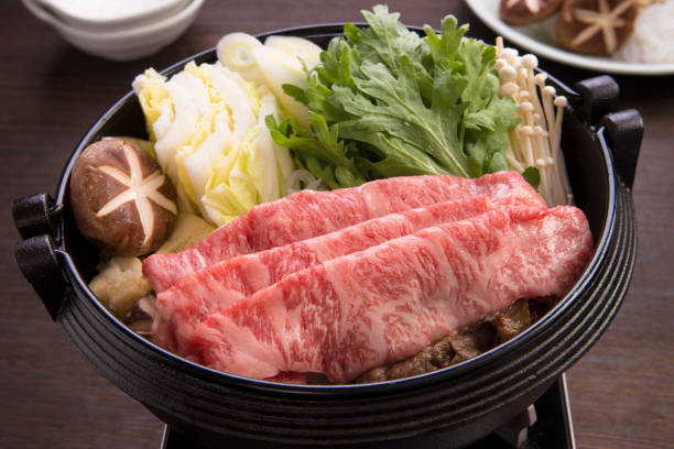 Kuroge Wagyu beef marbled shoulder loin sukiyaki stock photo