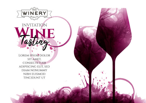 ilustrações de stock, clip art, desenhos animados e ícones de illustration of two wine glasses with red wine stains, vector. splashes of wine, liquid, drops, circles of glass. drawing for wine designs. event, party, presentation, promotion, menu, book cover. - wine