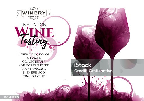 istock Illustration of two wine glasses with red wine stains, vector. Splashes of wine, liquid, drops, circles of glass. Drawing for wine designs. Event, party, presentation, promotion, menu, book cover. 1166200109