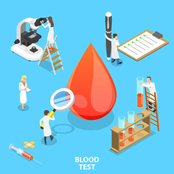 ilustrações de stock, clip art, desenhos animados e ícones de isometric flat vector concept of blood test procedure. - frasco comida biologica