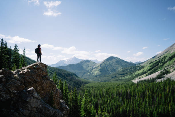 Taken in the Canadian Rockies, a female adventurer is on her way to Picklejar Lakes by Highwood Pass in Alberta.