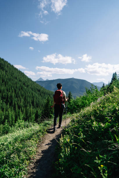 Drone perspective of mountain biker on mountain ridge above green forested mountains, distant view to rocky mountains behind