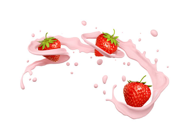 milk splash with strawberry. - drink close up dairy product flowing imagens e fotografias de stock