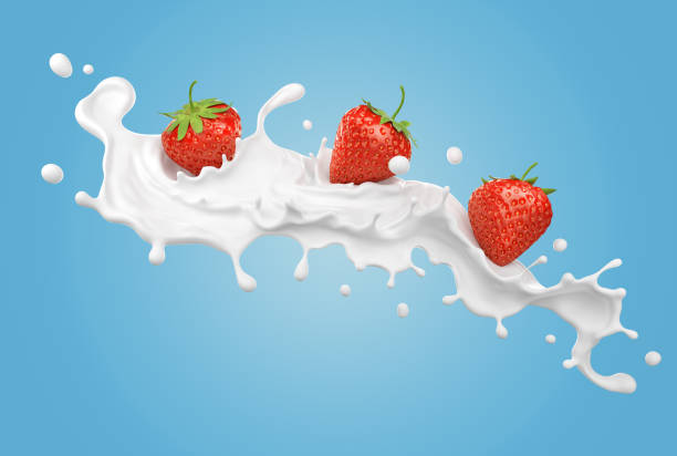 milk splash with strawberry. - drink close up dairy product flowing imagens e fotografias de stock