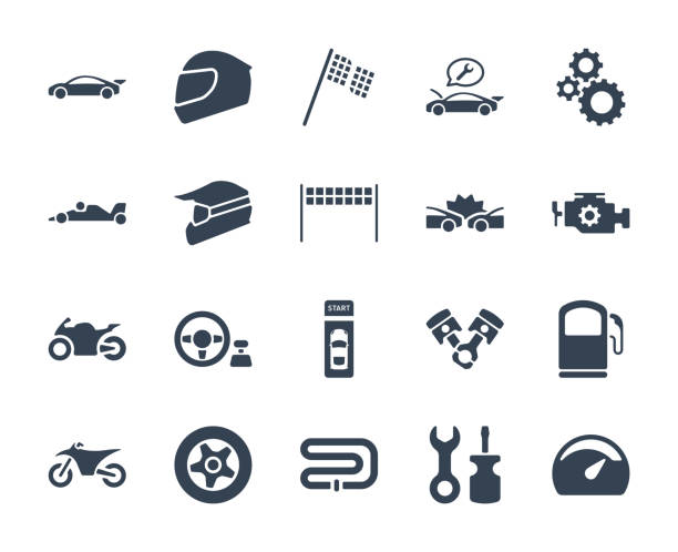 Esport and video game design icon set Solid or glyph design icon set of racing video game and esport concept. super bike stock illustrations