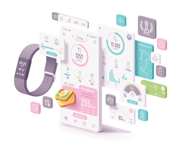 illustrazioni stock, clip art, cartoni animati e icone di tendenza di concetto di app di fitness vettoriale e dieta - weight scale dieting weight loss