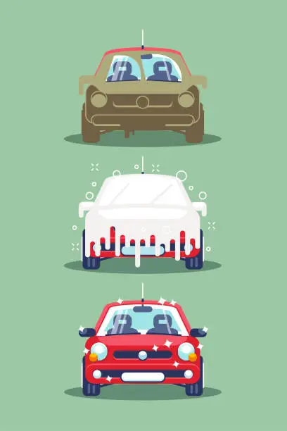 Vector illustration of Three Stages of Car Washing