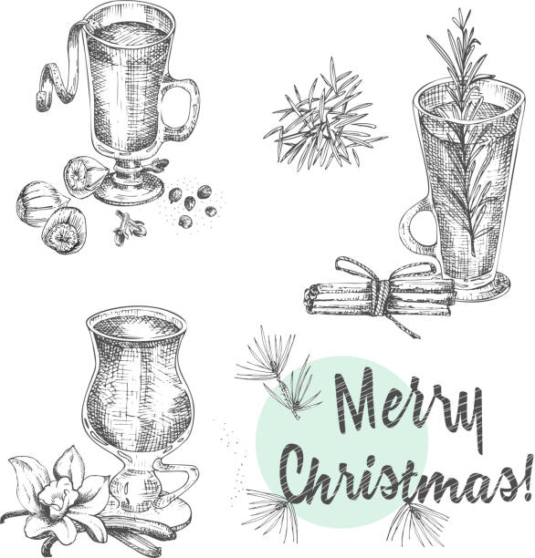 Set of hand drawn Christmas winter spices pattern and glasses of traditionally hot winter drinks. Mulled wine, eggnog, grog, cider, chocolate. Good idea for templates menu, recipes, greeting cards Set of hand drawn Christmas winter spices pattern and glasses of traditionally hot drinks. Mulled wine, eggnog, grog, cider, chocolate. For design menu, recipes, greeting cards. Vector illustration christmas eggnog stock illustrations