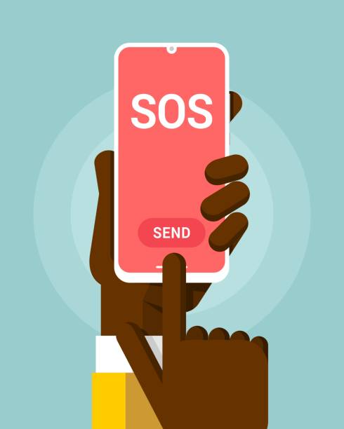 istock Smartphone mockup in human hand. SOS message on the blank pink screen. Vector colorful technology illustration 1166211703