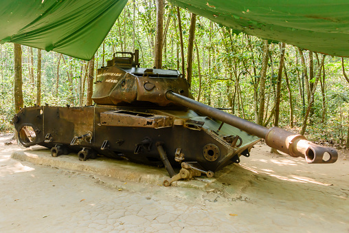 American M41 tank which was destroyed by a Viet Cong delay action mine in the jungle, 1970. Vietnam.
