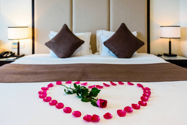 una rosa roja se encuentra en medio de un corazón hecho de pétalos de rosa en una cama en una habitación de hotel moderna. - heart shape pillow cushion textile fotografías e imágenes de stock