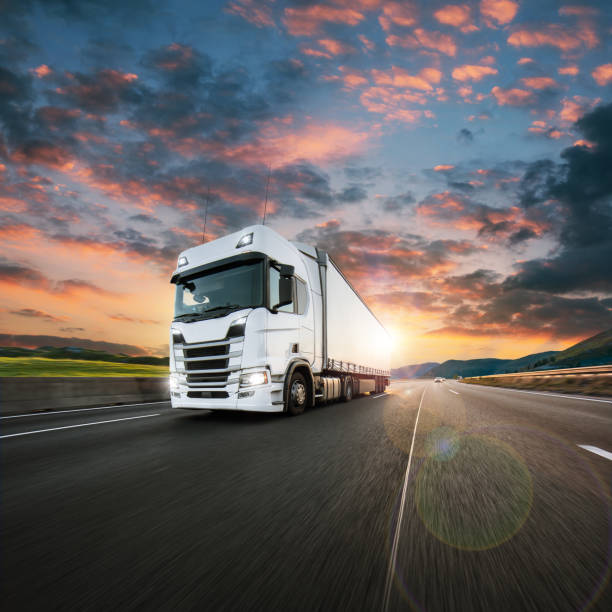 istock Truck with container on road, cargo transportation concept. 1166212546
