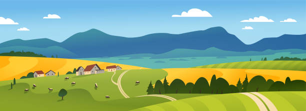 stockillustraties, clipart, cartoons en iconen met vector plat landschap illustratie van zomer platteland natuur uitzicht: hemel, bergen, gezellige dorpshuizen, koeien, velden en weiden. - landschap dorp