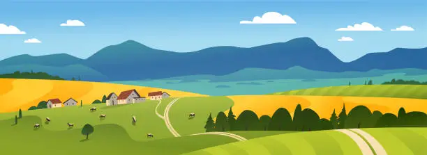 Vector illustration of Vector flat landscape illustration of summer countryside nature view: sky, mountains, cozy village houses, cows, fields and meadows.