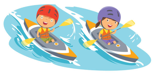 chłopiec i dziewczyna kajak wioślarstwo - canoeing canoe family activity stock illustrations