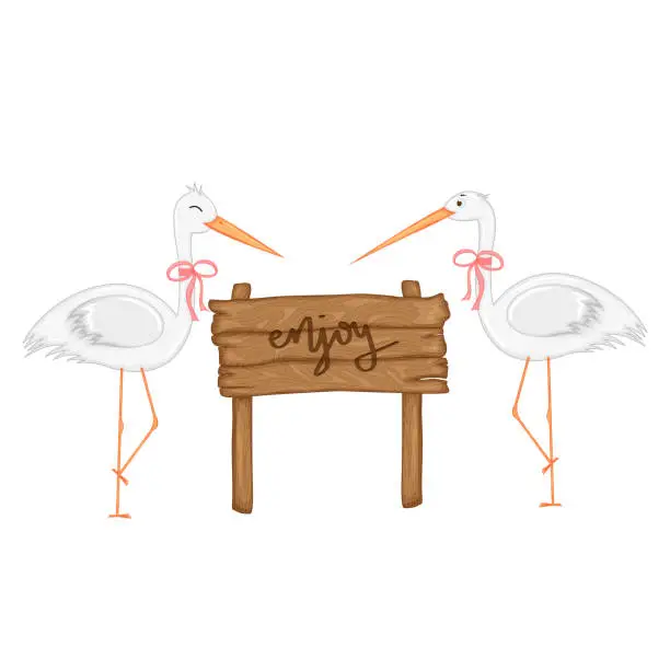 Vector illustration of Herons near wooden signboard with the inscription 