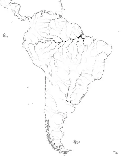 Vector illustration of World Map of SOUTH AMERICA: Latin America, Argentina, Brazil, Peru, Andes, Cordilleras, Amazon River, Selva, Llanos, Pampa, Patagonia. Geographic chart of continent with coastline, landscape & rivers.