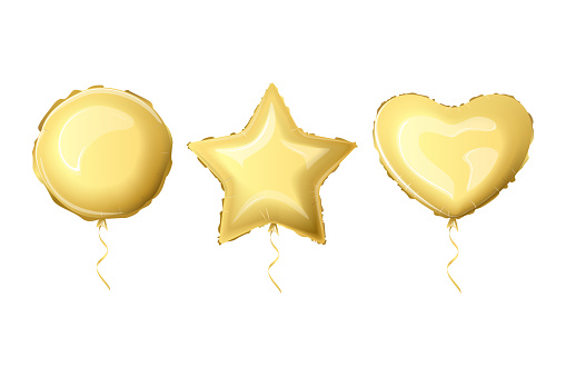 Realistic foil balloons golden color. Set helium foil balloons of different shapes. Metallic air balloons in the form of a heart, a circle, a star. Vector illustration.