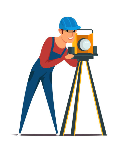 Construction surveyor flat vector illustration Construction surveyor flat vector illustration. Builder, cadastral engineer cartoon character. Young man in hard hat working with total station theodolite. Building industry, angle measuring equipment cartographer stock illustrations