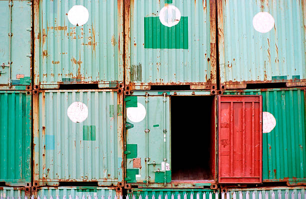 rusty cubes and one open cargo containers for shipping cargo container container open shipping stock pictures, royalty-free photos & images