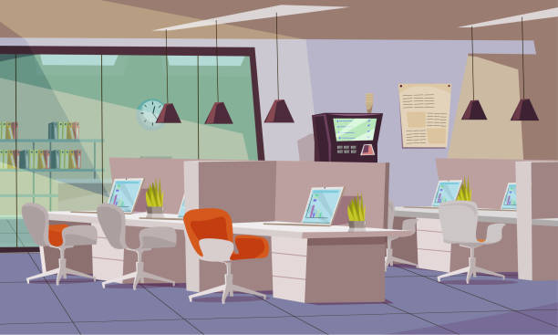 illustrations, cliparts, dessins animés et icônes de illustration plate vide de vecteur de bureau - office backgrounds window glass