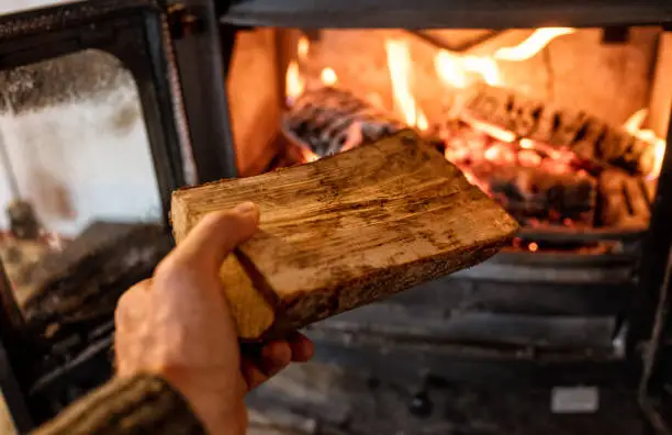 Close-up of a log being put into a hot wood-burning stove.