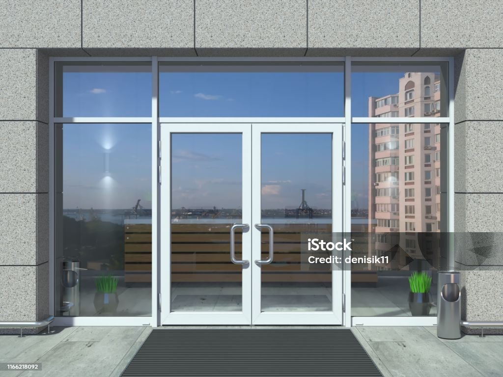 Modern white office entrance door 3D illustration. The facade of a modern shopping center or station, an airport with modern white office entrance door Door Stock Photo