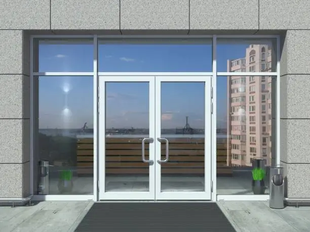 3D illustration. The facade of a modern shopping center or station, an airport with modern white office entrance door