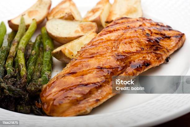 Glazed And Grilled Salmon Stock Photo - Download Image Now - Glazed Food, Salmon - Seafood, Asparagus