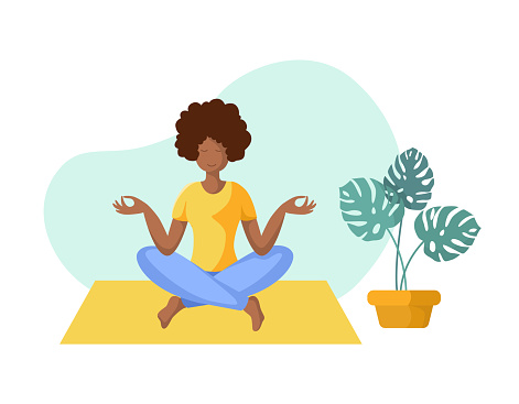 Young african american woman doing yoga on mat, girl is in lotus pose doing exercise and meditation. Female character in flat style. Isolated figure and potted flower, vector illustration