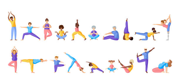 Yoga Different People Different people doing yoga, adults, children, elderly men and women doing sport exercises. African Americans and Europeans - large group of persons. Isolated elements on white background, vector set pregnant clipart stock illustrations