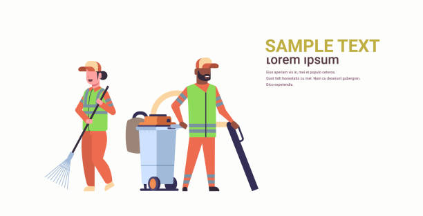 ilustrações de stock, clip art, desenhos animados e ícones de couple janitors team gathering trash man using vacuum cleaner woman holding rake streets cleaning service concept mix race cleaners working together full length flat horizontal copy space - wasting time