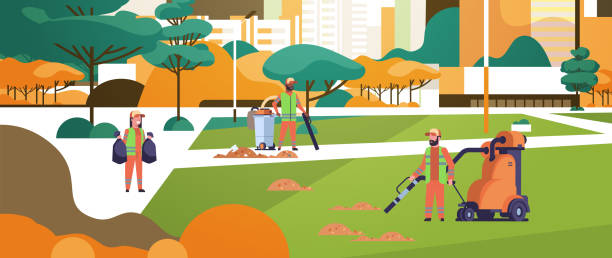 ilustrações de stock, clip art, desenhos animados e ícones de janitors team gathering trash to black rubbish bags mix race cleaners using vacuum cleaner cleaning service concept people working in city urban park cityscape background full length horizontal - wasting time